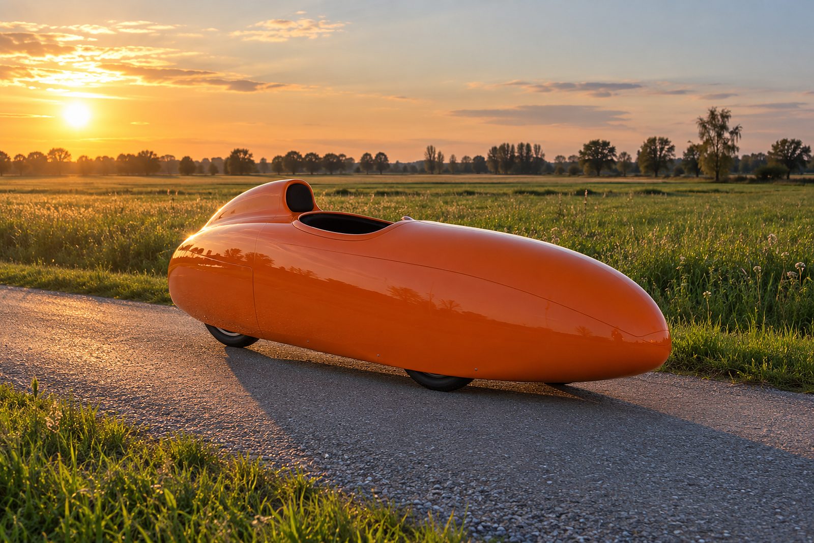 Generiertes Bild: ein orangefarbenes Velomobil im Abendlicht auf einem Feldweg