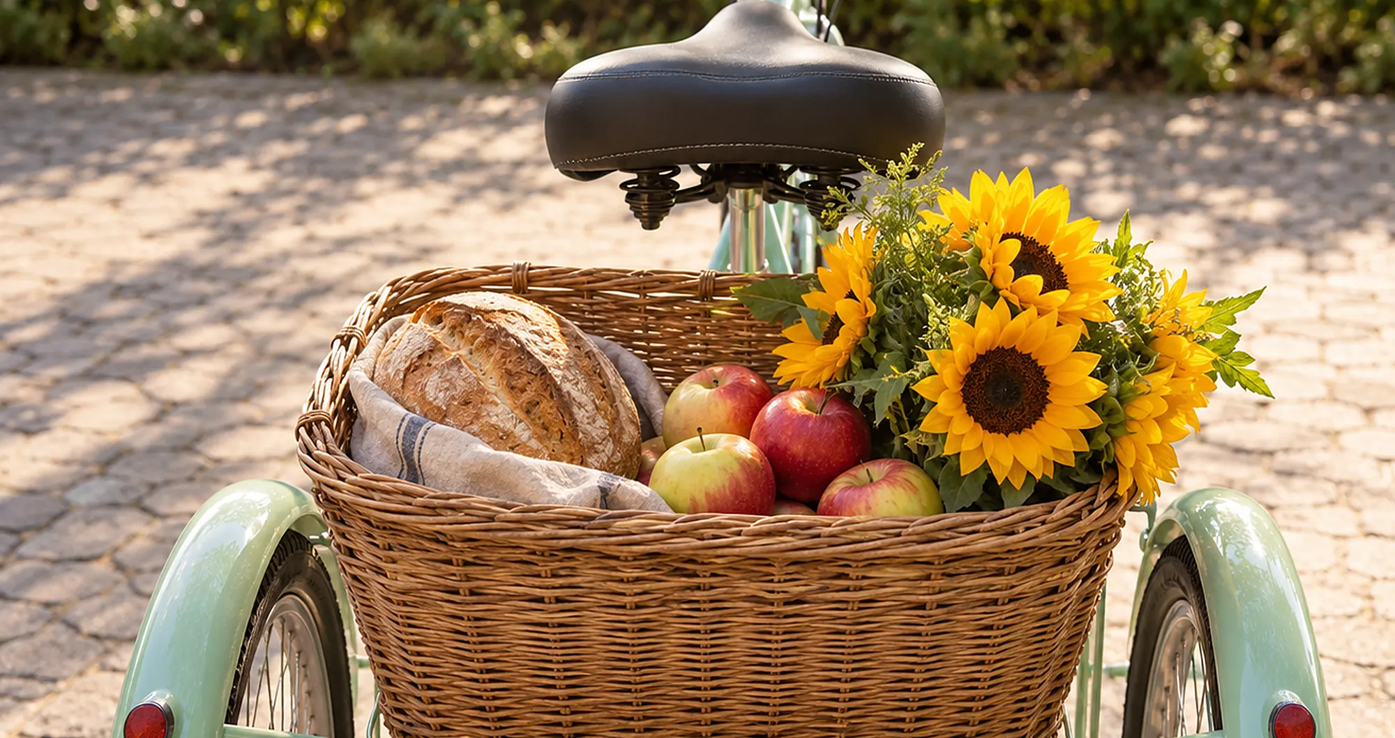 Mintgrünes Dreirad von hinten mit Weidenkorb, darin Brot, Äpfel und Sonnenblumen